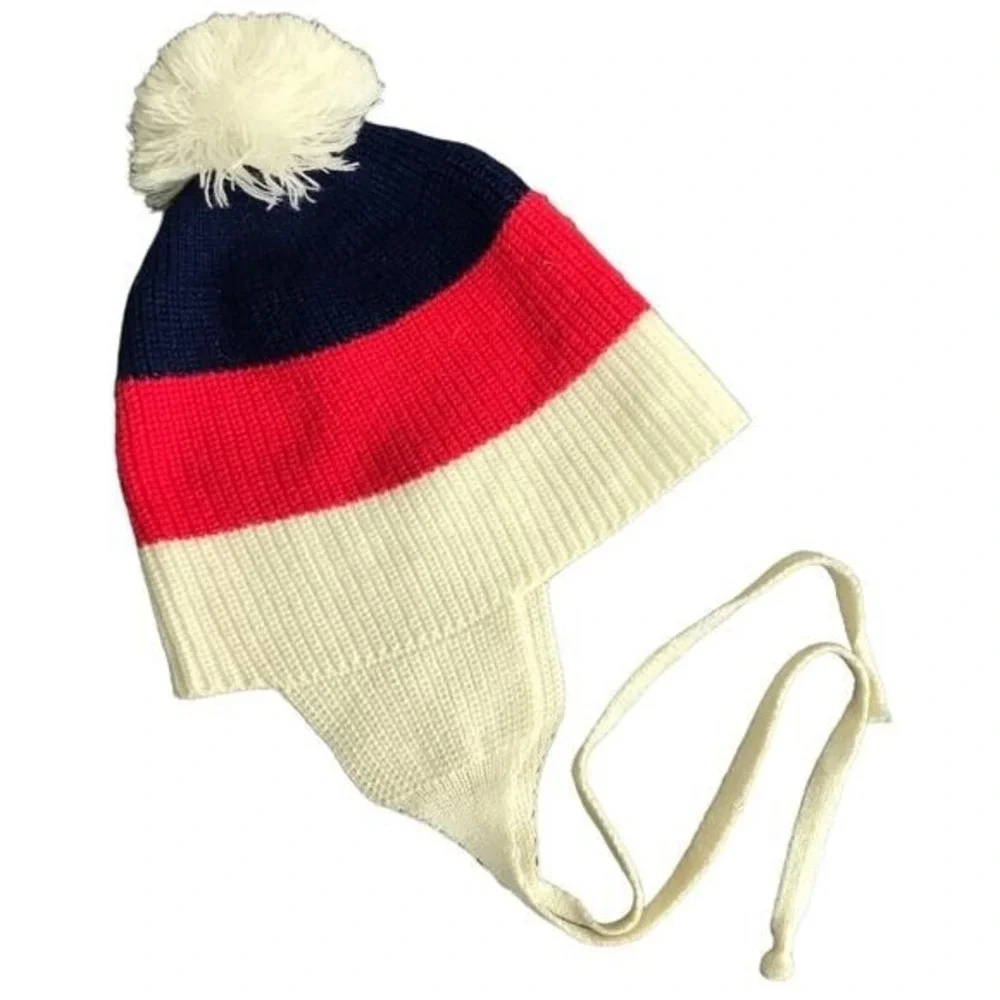 Saks Fifth Avenue Vintage Kids Wool Earflap Ski‎ Hat OS Pom Pom Preppy Americana